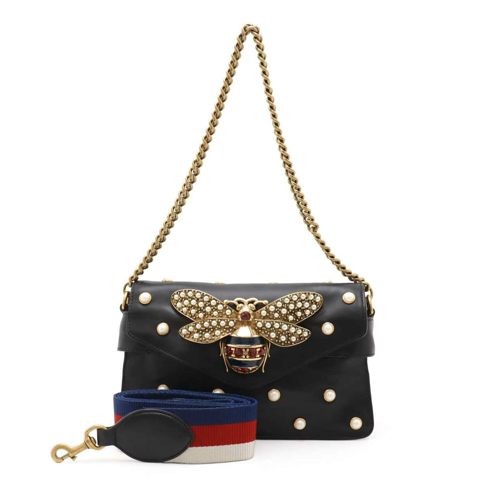 Gucci Broadway Pearl Bee Chain Shoulder Bag Hobo Leather Black